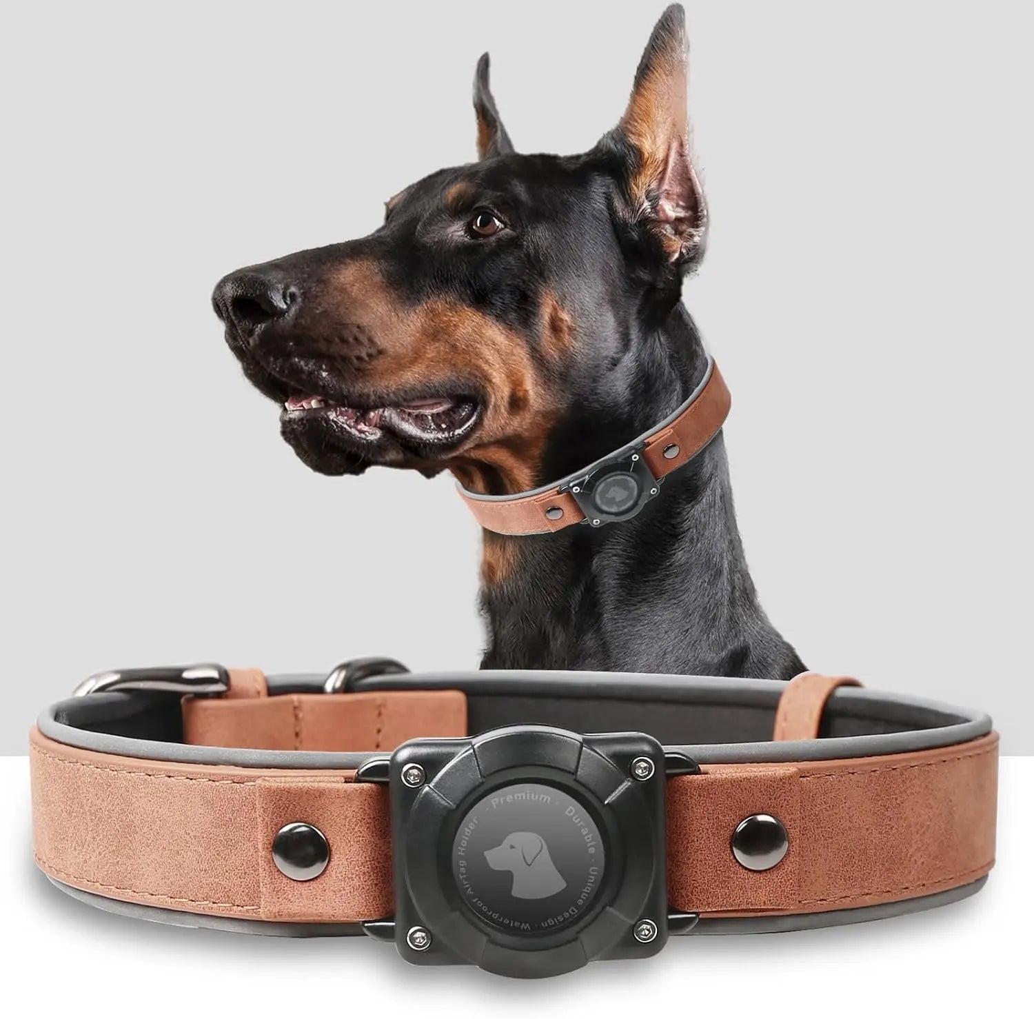 Leather AirTag Dog Collar with Built-In Holder, Reflective Adjustable Design