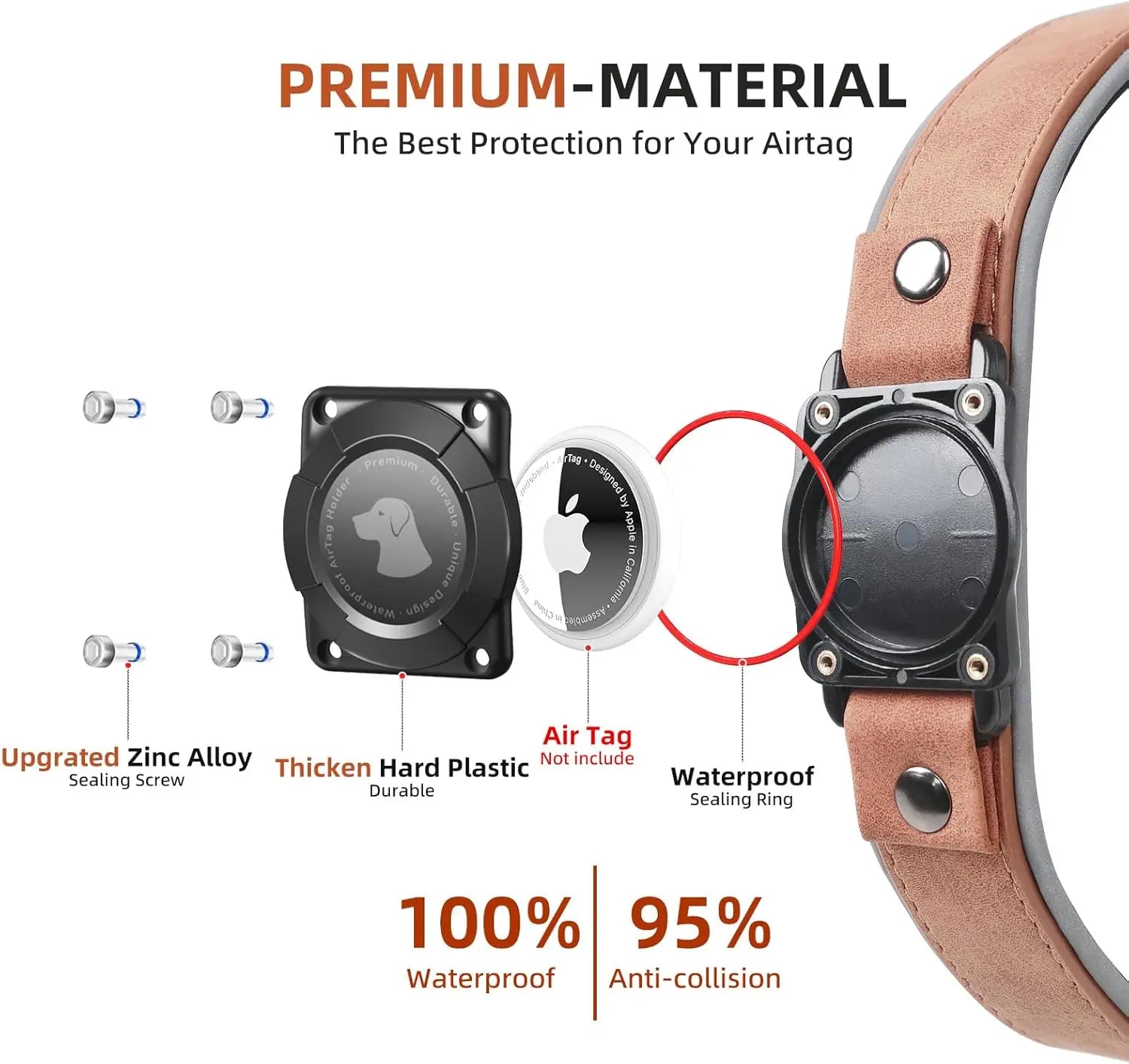 Leather AirTag Dog Collar with Built-In Holder, Reflective Adjustable Design