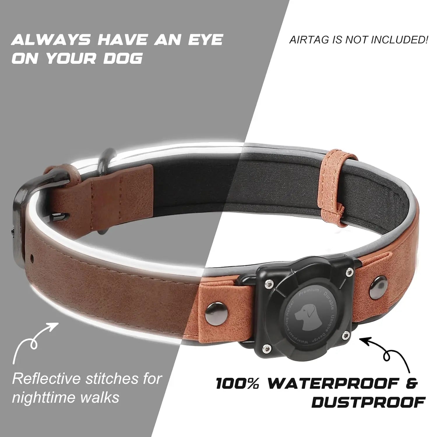 Leather AirTag Dog Collar with Built-In Holder, Reflective Adjustable Design