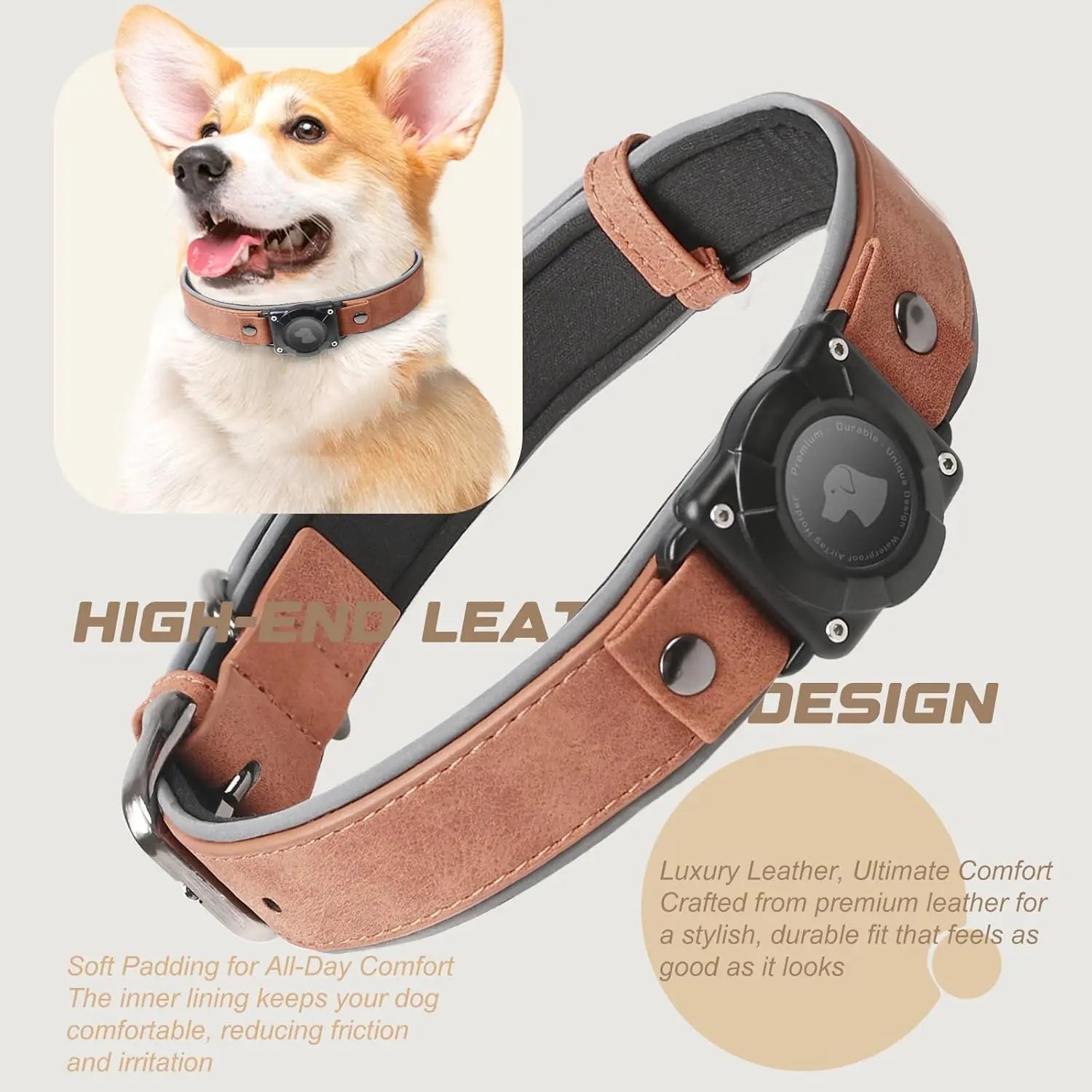 Leather AirTag Dog Collar with Built-In Holder, Reflective Adjustable Design