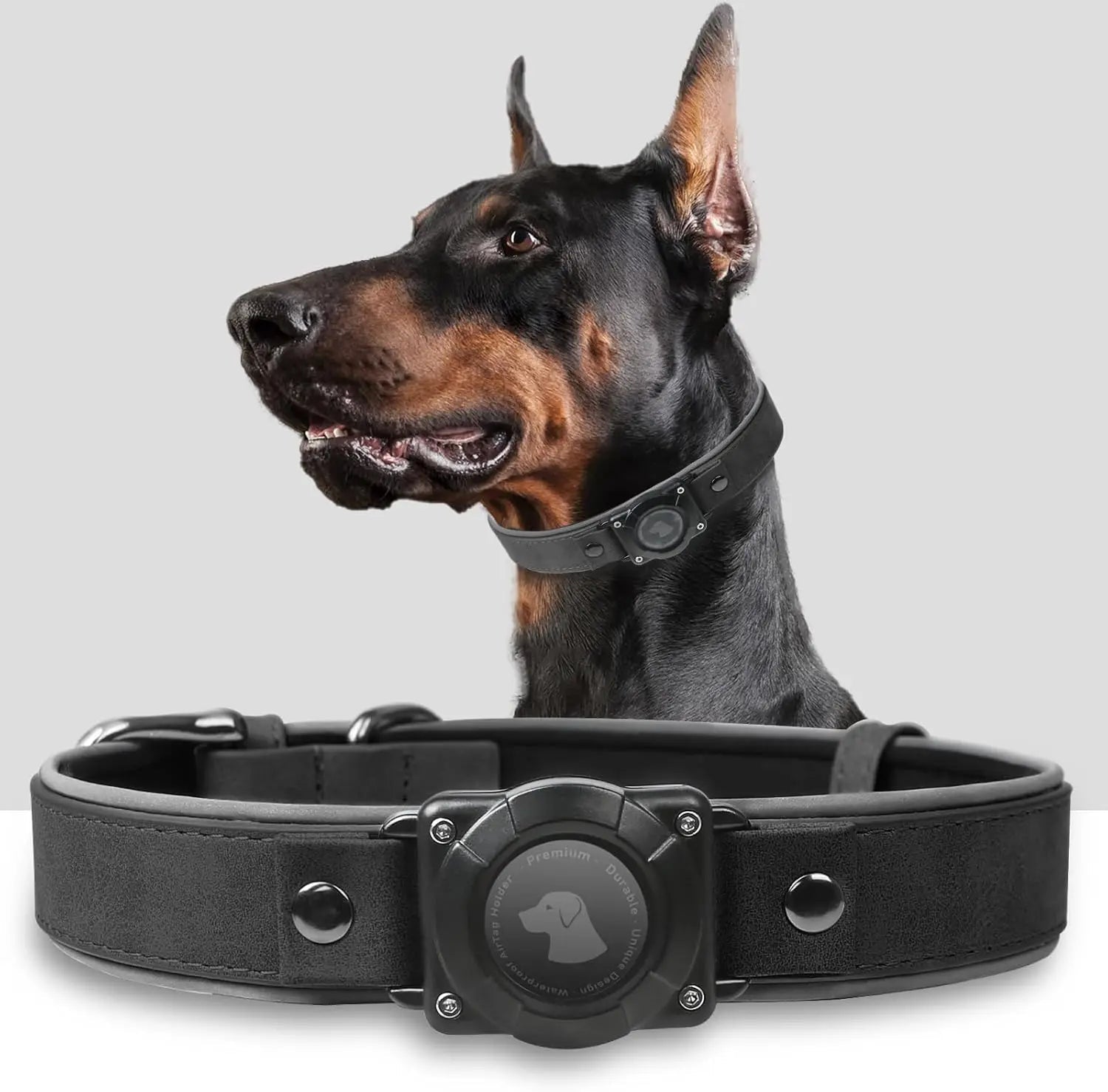 Leather AirTag Dog Collar with Built-In Holder, Reflective Adjustable Design
