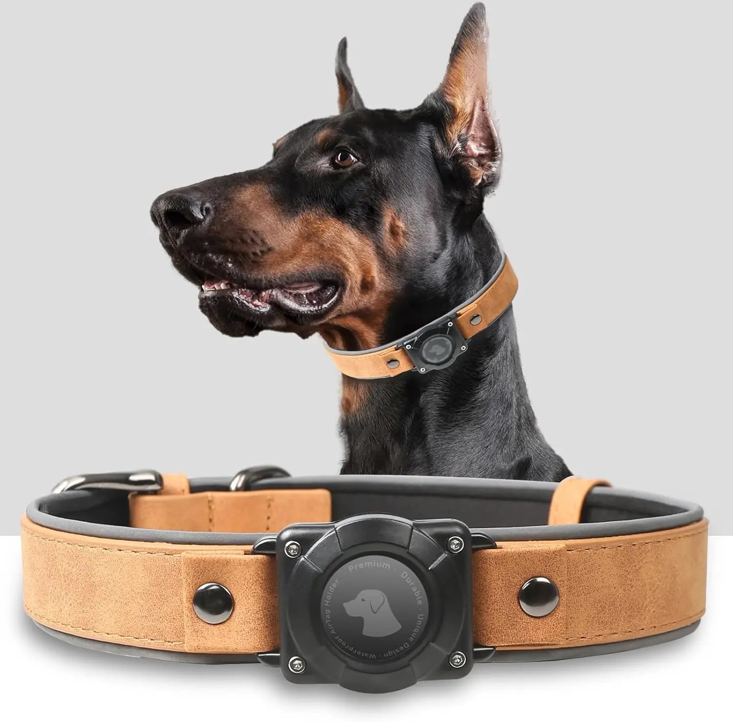 Leather AirTag Dog Collar with Built-In Holder, Reflective Adjustable Design