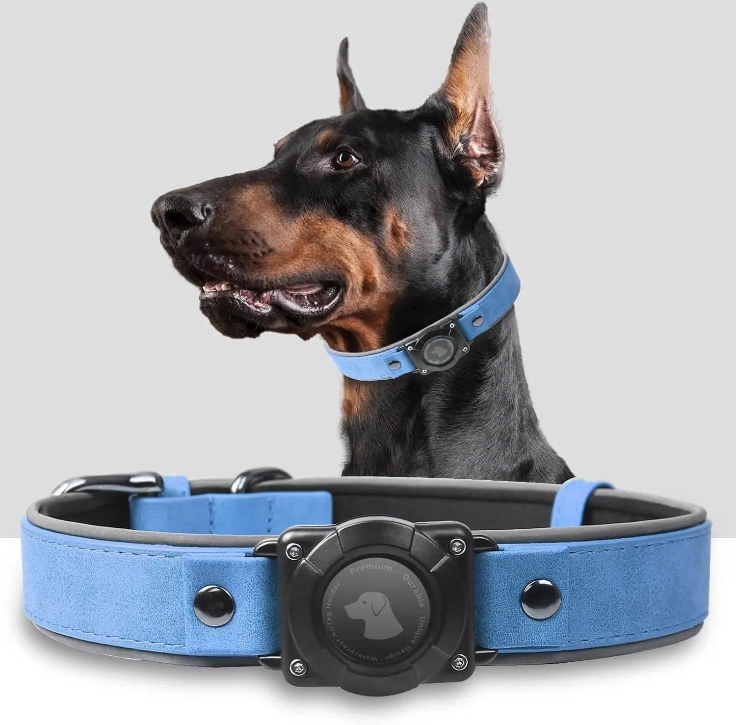 Leather AirTag Dog Collar with Built-In Holder, Reflective Adjustable Design