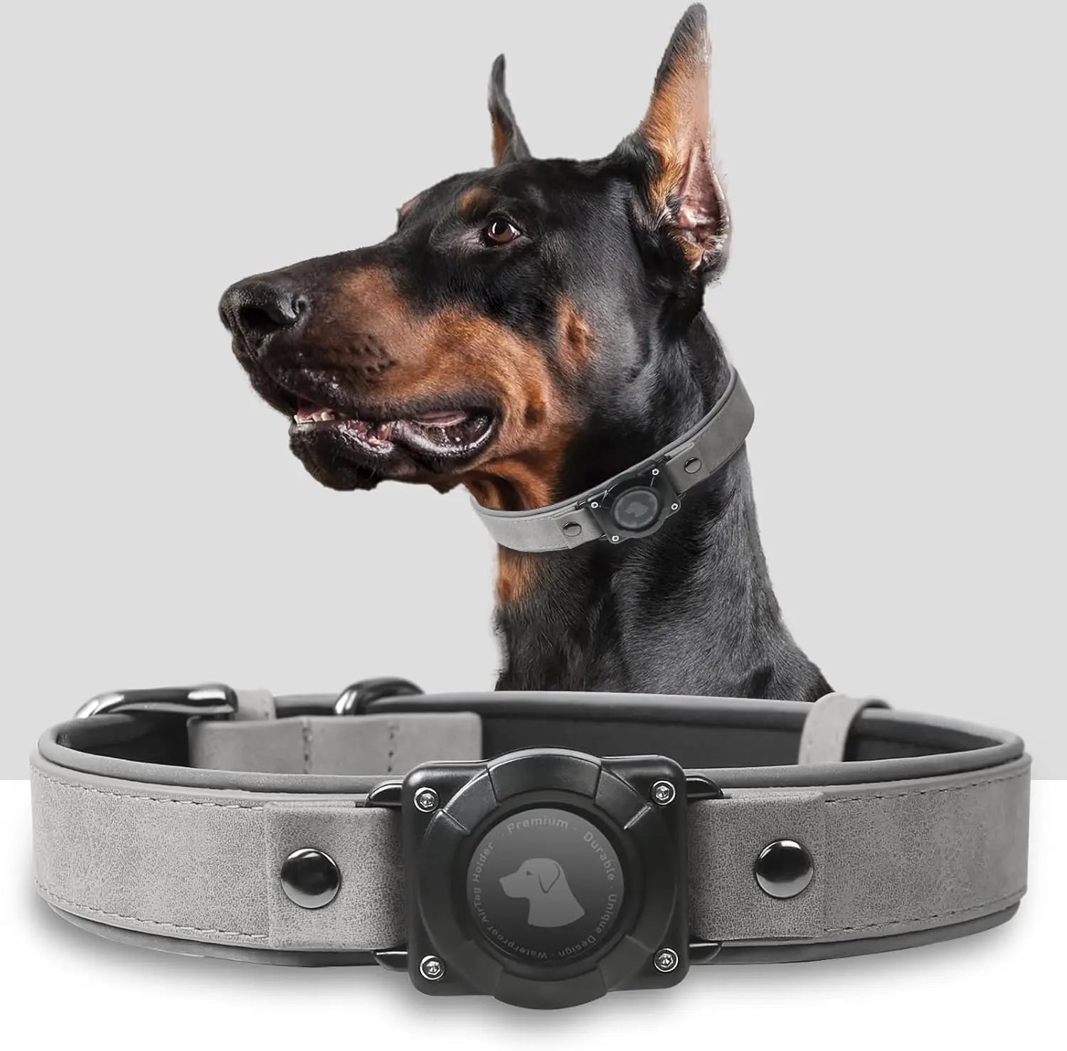 Leather AirTag Dog Collar with Built-In Holder, Reflective Adjustable Design
