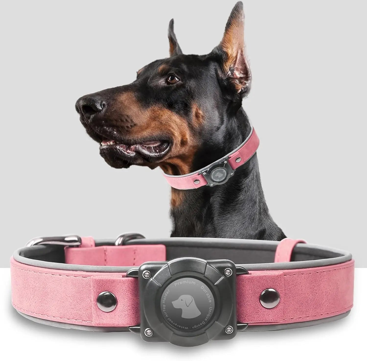 Leather AirTag Dog Collar with Built-In Holder, Reflective Adjustable Design
